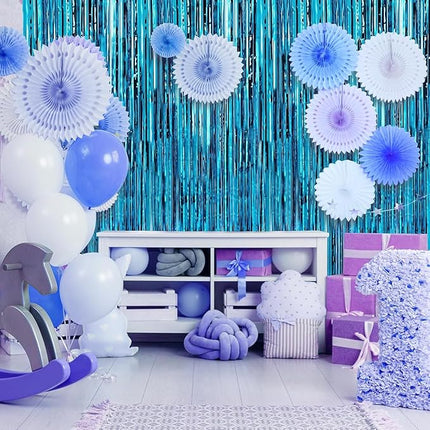 2 Pack Baby Blue Foil Fringe Curtains Door Streamers Party Decorations 3.3 x 8.2 ft, Tinsel Curtain Fringe Backdrop for Parties, Door Fringe Birthday Streamers, Photo Booth Backdrops, Party Decor
