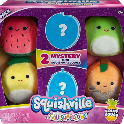 Squishville by Squishmallows Mini Plush Fruit Squad, Six 2" Soft Minimallow Plush, Irresistibly Colorful Fruits, Mini Peach, Pineapple, and Watermelon