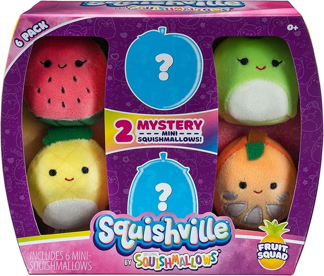 Squishville by Squishmallows Mini Plush Fruit Squad, Six 2" Soft Minimallow Plush, Irresistibly Colorful Fruits, Mini Peach, Pineapple, and Watermelon