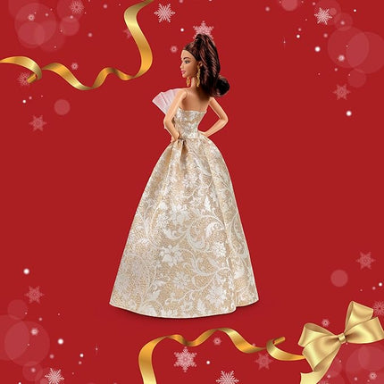 Barbie Signature 2025 Holiday Light Brown Hair Fashion Doll Wearing Silver & Gold Gown, Seasonal Collector in Displayable Packaging & Stand