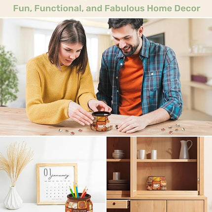 PieceRelax 3D Puzzle Jar 64 Plastic Pieces for Adults - Live Cozy - Wooden Lid Container for Kitchen Dining Study Living Room No Glue Requied Small [BC1021]