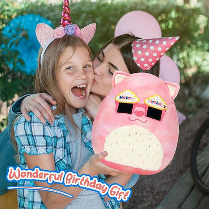 12” Birthday Cat Plush Pillow Happy Birthday Kitten with Sunglasses Pillow Soft Cat Stuffed Animal Cute Kitten Plush Toy Gifts for Kids Girls