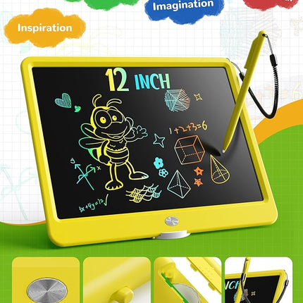 KOKODI LCD Writing Tablet, 12 Inch Colorful Toddler Doodle Board Drawing Tablet, Erasable Reusable Electronic Drawing Pads, Educational and Learning Toy for 3-6 Years Old Boy and Girls(Yellow)