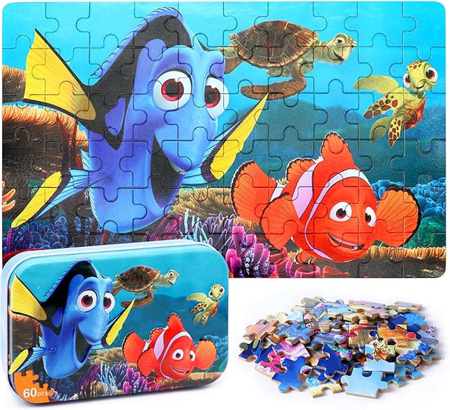 LELEMON Ocean Puzzles for Kids Ages 4-6,Underwater World 60 Piece Puzzles for Kids Ages 4-8,Children Jigsaw Puzzles in a Metal Box,Educational Learning Puzzle Toys for Girls and Boys