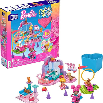 MEGA Barbie Color Reveal Kids Building Toy Set, Train 'n Wash Pets with 152 Pieces, 2 Micro-Dolls and Accessories, Ages 5+ Years