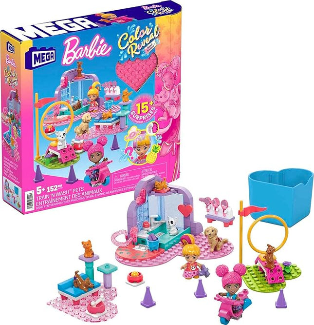 MEGA Barbie Color Reveal Kids Building Toy Set, Train 'n Wash Pets with 152 Pieces, 2 Micro-Dolls and Accessories, Ages 5+ Years