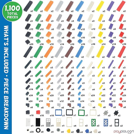 Play Platoon 1100 Pieces Building Bricks Set - 10 Classic Color Blocks - Bulk Building Blocks Compatible with Major Brands, 14 Different Shape Bricks - Includes Wheels, Tires, Axles, Windows & Door
