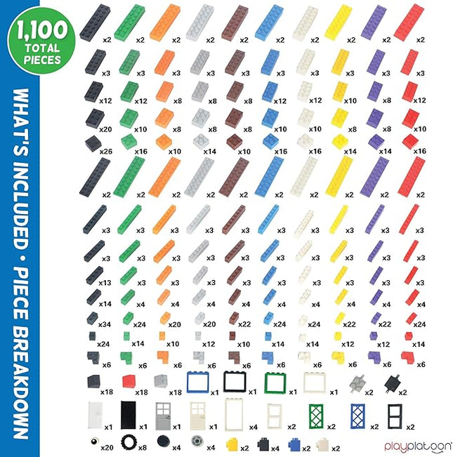 Play Platoon 1100 Pieces Building Bricks Set - 10 Classic Color Blocks - Bulk Building Blocks Compatible with Major Brands, 14 Different Shape Bricks - Includes Wheels, Tires, Axles, Windows & Door