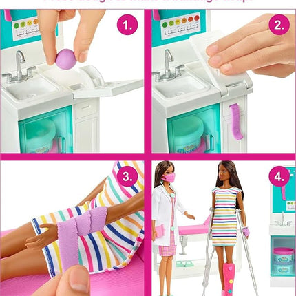 Barbie Fast Cast Clinic Playset, Brunette Barbie Doctor Doll, 30+ Play Pieces, 4 Play Areas, Cast & Bandage Making, Medical & X-ray Stations, Exam Table, Gift Shop & More, Great Toy for 3 Years & Up