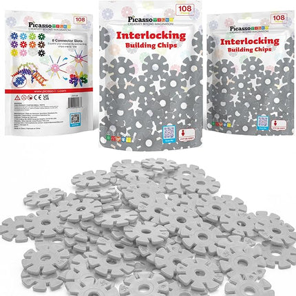 PicassoTiles Building Chip Interlocking Disc Construction Blocks in Gray Color STEM Learning Early Education Toy Engineering Playset Child Brain Development for Toddlers Girls Boys Kids Age 3+ PTF108