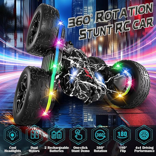 Rc Cars Toys for Boys Remote Control Car 2.4 GHz Black Toys for Ages 5-7 Kids Toys New Upgraded Strip Lights 360° Rotating Rc Truck Birthday (Black)