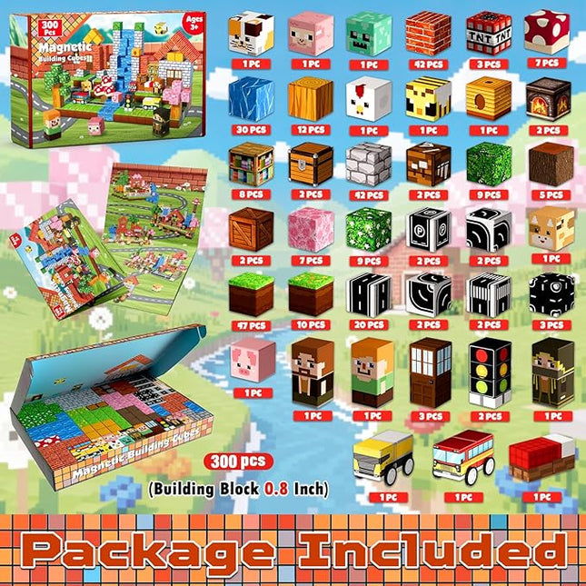 300 PCS Magnetic Blocks - Magnetic Building Block for Kids Ages 4-8 8-12, Creative Construction Stacking Magnet Block Sets, Magnet Cubes Tiles Building Toy for Girl Boy Age 3+ Halloweens Birthday Gift