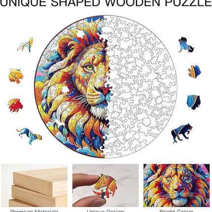 Wooden Puzzle for Adults – Unique Lion-Shaped Jigsaw, Animal Style Brain Teaser for Kids & Teens, 220 Pieces, 10"x10", Ships as Whole Puzzle Board (No Loose Pieces), Gift-Ready Box, Fun Family Game