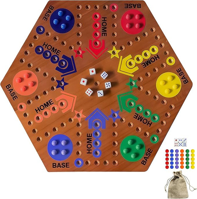 Wooden Board Game, Board Game Original Marble Game Double Sided Painted 2 to 6 Player Fast Track Wooden with 6 Colors 24 Marbles 6 Dice for Adults Kids Family(24 INCH Flame)