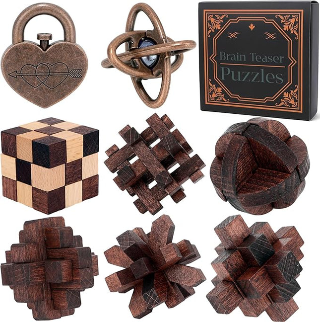 8 Pcs Brain Teaser Puzzles for Adults Teens - Metal Puzzles 3D Puzzle Game Toys for Adults Teens - Wooden Unlock Interlocking Puzzle Adult IQ Education Smart Toys