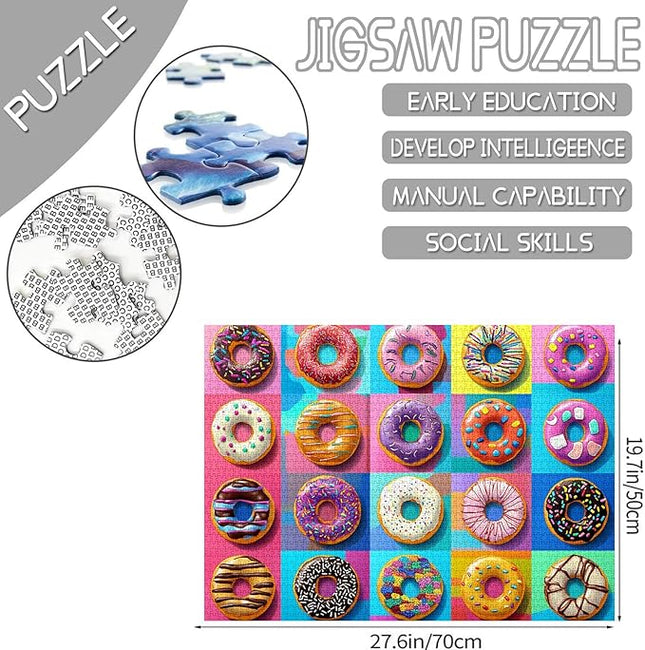Colorful and Playful Donut Jigsaw Puzzle，Cat-Shaped Doughnut 1000 Pieces Jigsaw Puzzles for Adults，27 x 20 Inches Puzzles for Families，HD Quality Different Shapes Colors Doughnuts Puzzle Decor