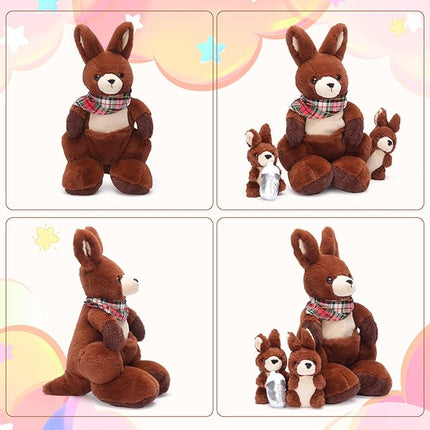 IKASA Mommy Kangaroo Stuffed Animal Mom and Baby Plush Toy, Cute 15.5" Soft Cuddly Family Set with Little Mini Babies,Gifts for Kids