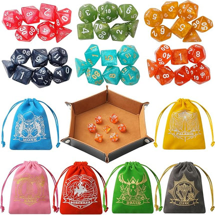Grajar D&D Dice Set with Characters Pattern Dice Pouches, 42 Pcs polyhedral dice Set, PU Leather and Velvet dice Tray for Dungeons and Dragons D&D RPG MTG Table Games Nebula