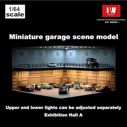 1/64 Model Car Display Case,Fits for 1/64 Hot Wheels Diecast Model Car,Diorama Double Decker Car Showroom Garage Model with Dimmable LED Lighting City Car Parking Lot Scene Model Collection (A)
