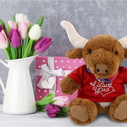 DolliBu I Love You Valentine Texas Longhorn - Cute Stuffed Animal with Red Shirt and Name Personalization Gift for Valentines Day, Birthday, Anniversary, Romantic Date - 9 Inches