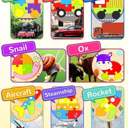 Yetonamr Wooden Toddler Puzzles Gifts Toys for Boys Girls, 8 Vehicle Shape Montessori Toy Educational Blocks Kids Toys Gift Baby Learning Toy