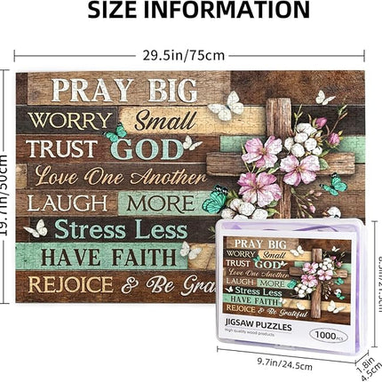 Christian Jigsaw Puzzles 1000 Pieces for Adults, Elegant Cross with Pray Big Worry Small Trust God Quote, Religious Wooden Puzzle, Faith-Based Home Decor & Uplifting Gift