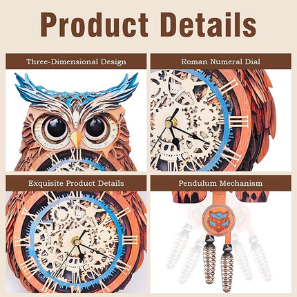 3D Wooden Puzzles for Adults Owl Clock - Model Building Kit ‌‌Clock Puzzle Creative Craft Gift Home Deco for DIY Enthusiasts, Brain Teaser Building Set Birthday Gifts