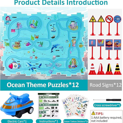 25PCS Puzzle Racer Kids Car Track Set, Rail Car Puzzle Track Ocean Themed Series, Puzzle Track Car Play Set, Toddler Puzzle Track Car, Educational Puzzle Toys Gifts for Kids Boys and Girls