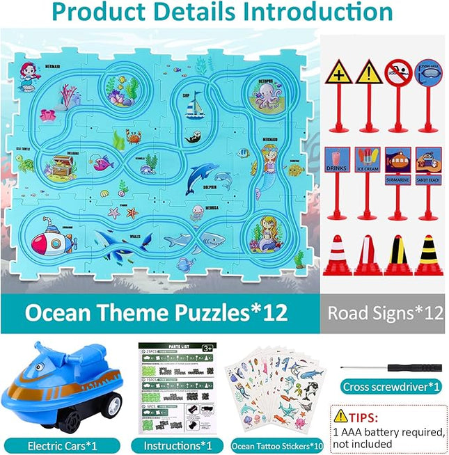 25PCS Puzzle Racer Kids Car Track Set, Rail Car Puzzle Track Ocean Themed Series, Puzzle Track Car Play Set, Toddler Puzzle Track Car, Educational Puzzle Toys Gifts for Kids Boys and Girls