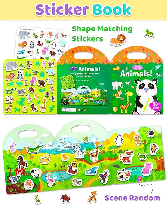 Benresive Reusable Sticker Books for Kids 2-4, Sticker Books for Toddlers 1-3 2-4, Toddler Travel Toys Activities Crafts Gifts - Animals