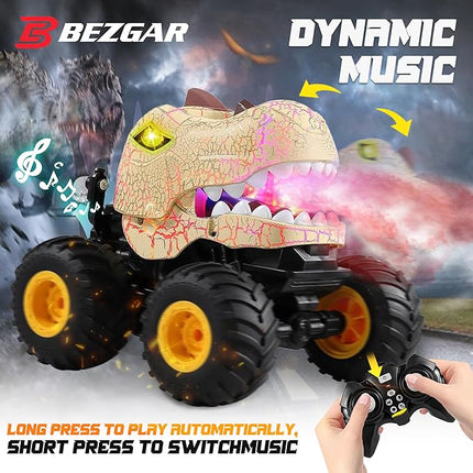 BEZGAR Monster Truck Toys - Remote Control Monster Truck with Spray, Light, Music, Dinosaur Toys for Kids, 1:20 Scale RC Truck with 360° Spins and Drifting, Remote Control Car for Boys 4-7 Golden