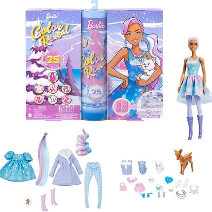 Barbie Color Reveal Advent Calendar, 1 Color Reveal Doll & 3 Pets, Clothes, Accessories & 2 Hair Extensions, 25 Surprises, for Kids