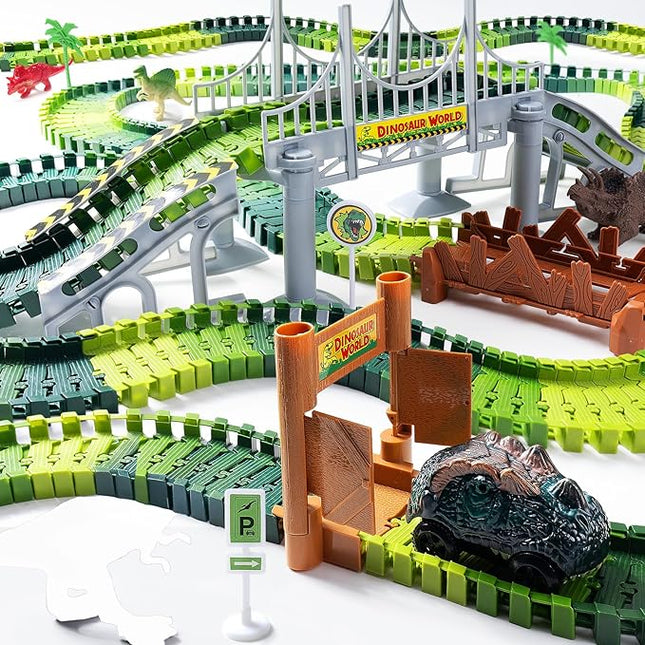 218 PCS Race Tracks Dinosaur Toys for Kids 3-5, Glow in The Dark Magic Toy Set, 2 Dinosaur Cars Track, Flexible DIY Track Set, Birthday Gift for Age 3-9 Boys Toddler Girls