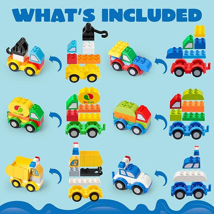 JOYIN 80Pcs Toddlers Car Building Blocks Set, 12Pcs Different Vehicles, Build Your Own Toy Cars, Compatible with Brand Name Building Bricks for Kids Boys Girls Birthday Easter Gift