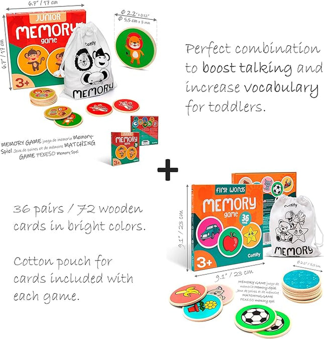 Cottify 2-Pack Wooden Memory Matching Game for Toddlers for Toddlers 3-5 Years, Durable, Toddler Memory Game for Kids 3 and up, Toddler Matching Toy, First Words and Animals, 72 Cards
