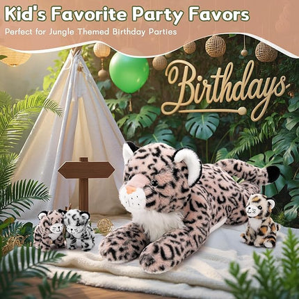 MorisMos Pink Cheetah Stuffed Animal with Babies,18" Large Mommy Leopard with Cub Plushies,Mama & Baby Leopard Stuffed Animals Set,Realistic Cheetah Toys Gift for Girl Kid Birthday Jungle Party Decor