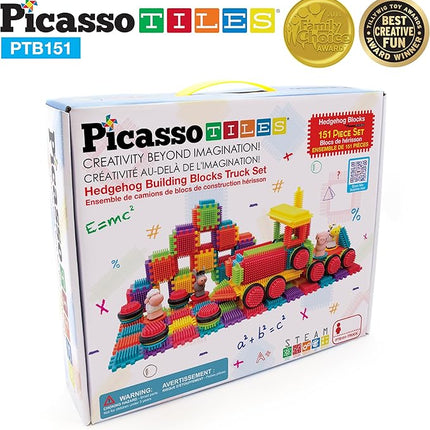 PicassoTiles PTB151 151pcs Hedgehog Lock Block STEM Building Tiles Truck Theme Set Learning Playset STEM Toy Set Educational Kit Child Brain Development Preschool Kindergarten Toy w/Animal Figures