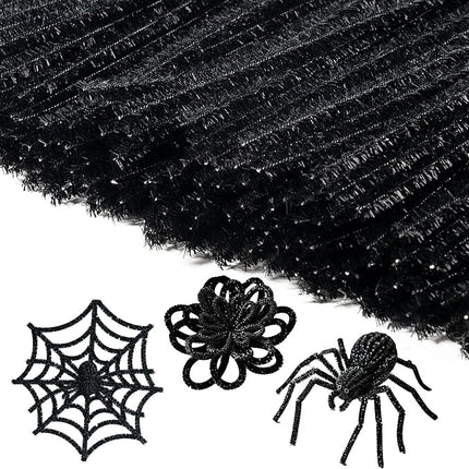 Caydo 200 Pieces Glitter Black Pipe Cleaners,Thick Fluffy Chenille Stems, Pipe Cleaner Crafts for Arts & Crafts, Perfect for Making Animals, Flowers, and Festive Decorations