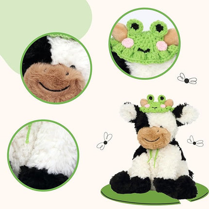 Hopearl Adorable Plush Cow Toy with Cute Tiny Knitted Frog Hat Floppy Dairy Cattle Soft Stuffed Animal Gifts for Boys Girls Kids Toddlers, 9''