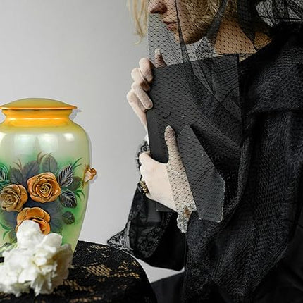 11" 3D Carved Decorative Flowers Aluminum Metal Cremation Urns for Human Ashes | Hand-Crafted Large Urn for Adult Cremation (Nibble Red)