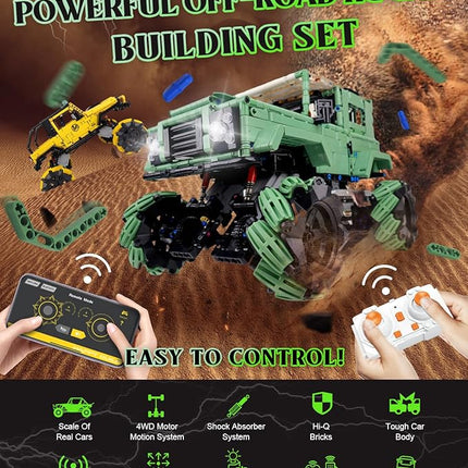 Off-Road Car Building Kits with Remote Control for Adults,Technic Pickup Truck Building Blocks Toys,STEM Engineering Gift for Mens,Boys,Kids-1670PCS(Military Green)