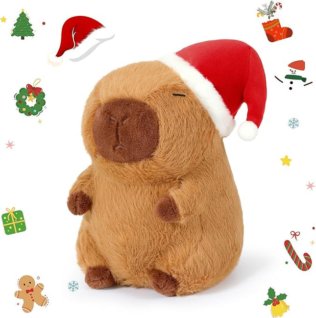 Ditucu Cute Christmas Capybara Plush with Santa Hat Soft Capibara Stuffed Animals Plushies Toys Xmas Gifts for Kids Brown 9 inch