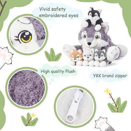 IKASA Mommy Wolf Stuffed Animal Mom and Baby Plush Toy, Cute 18" Soft Small Mama Family Set with Little Mini Babies,Gifts for Kid (Wolf)