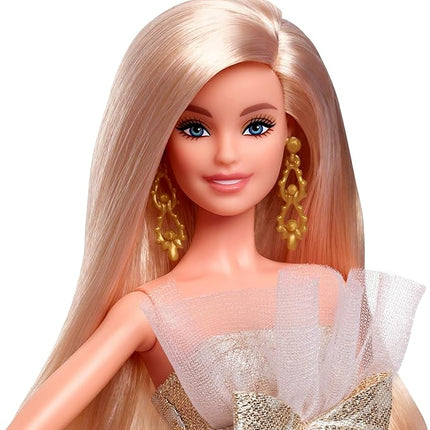 Barbie Signature 2025 Holiday Blonde Fashion Doll Wearing Silver & Gold Gown, Seasonal Collector in Displayable Packaging & Stand