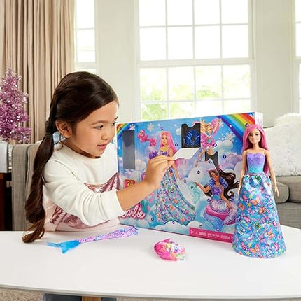 Barbie Advent Calendar with Doll & 24 Surprise Accessories Including Unicorn & 3 Pets, Transform Pink-Haired Fashion Doll into Mermaid, Fairy & More