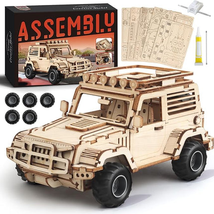 3D Wooden Puzzle Off-Road Car for Adults, Brain Teaser 3D Puzzles for Kids and Adults to Build, 125pcs Wood Craft Pull Back Truck Cars, Christmas Birthday Gift for Teens Men Women