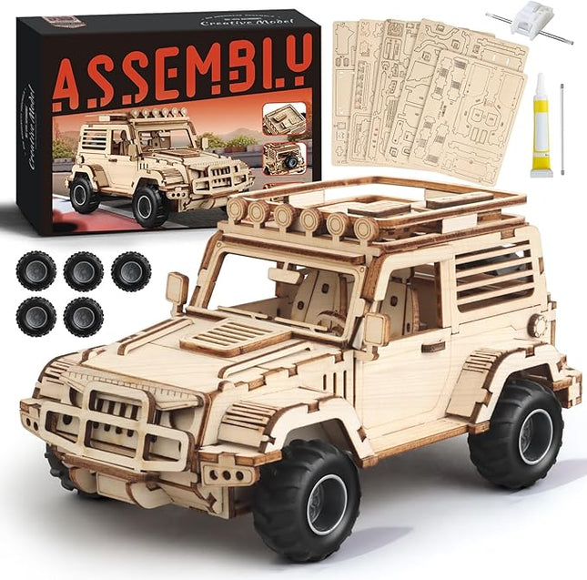 3D Wooden Puzzle Off-Road Car for Adults, Brain Teaser 3D Puzzles for Kids and Adults to Build, 125pcs Wood Craft Pull Back Truck Cars, Christmas Birthday Gift for Teens Men Women