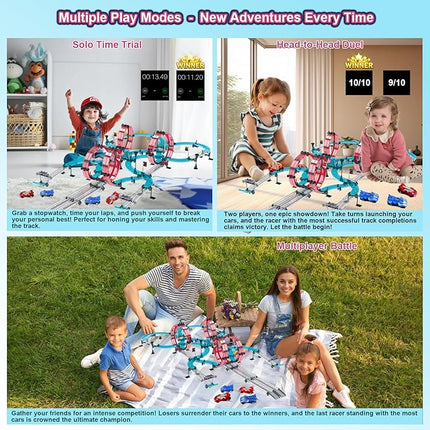 Toy Car Track Set Race Dual-Player with 4 Super Pull-Back Racing Cars, 360°Loops, Turns and Crossover High-Speed Racing Game Circular Overpass Track Gifts Birthday Toys for Boys Kids Age 6 7 8-12