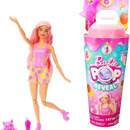 Barbie Pop Reveal Doll & Accessories, Strawberry Lemonade Scent with Pink Hair, 8 Surprises Include Slime & Squishy Puppy