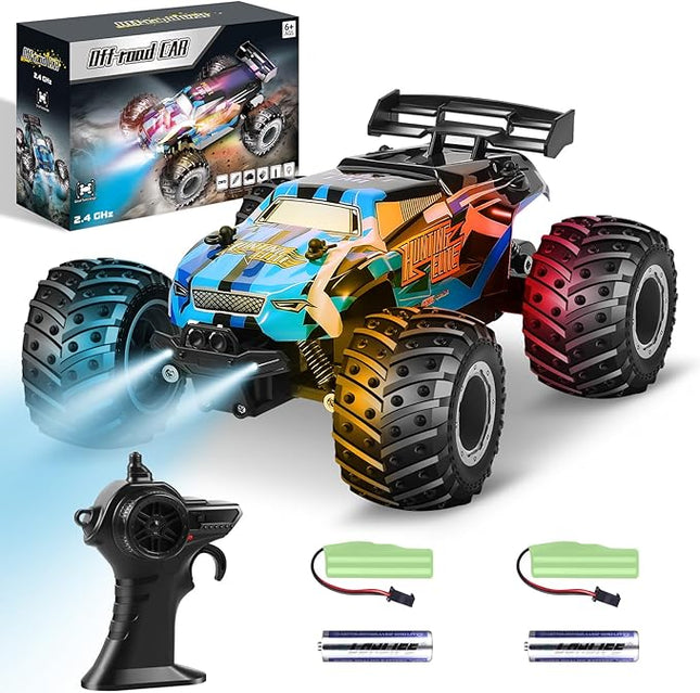 Remote Control Car, Remote Control Truck, 2.4Ghz All Terrain Off-Road Monster Truck, 20 KM/H Rc Cars with LED Bodylight and 2 Rechargeable Batteries Toys for Boys